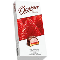 Schaumzuckerware (25,5%) mit Erdbeer-Sahnegeschmack "Bonjour souffle" auf lockerem Mürbeteigboden (26,5%) und Gelee mit Erdbeergeschmack (21%), umhüllt mit kakaohaltiger Fettglasur (27%)